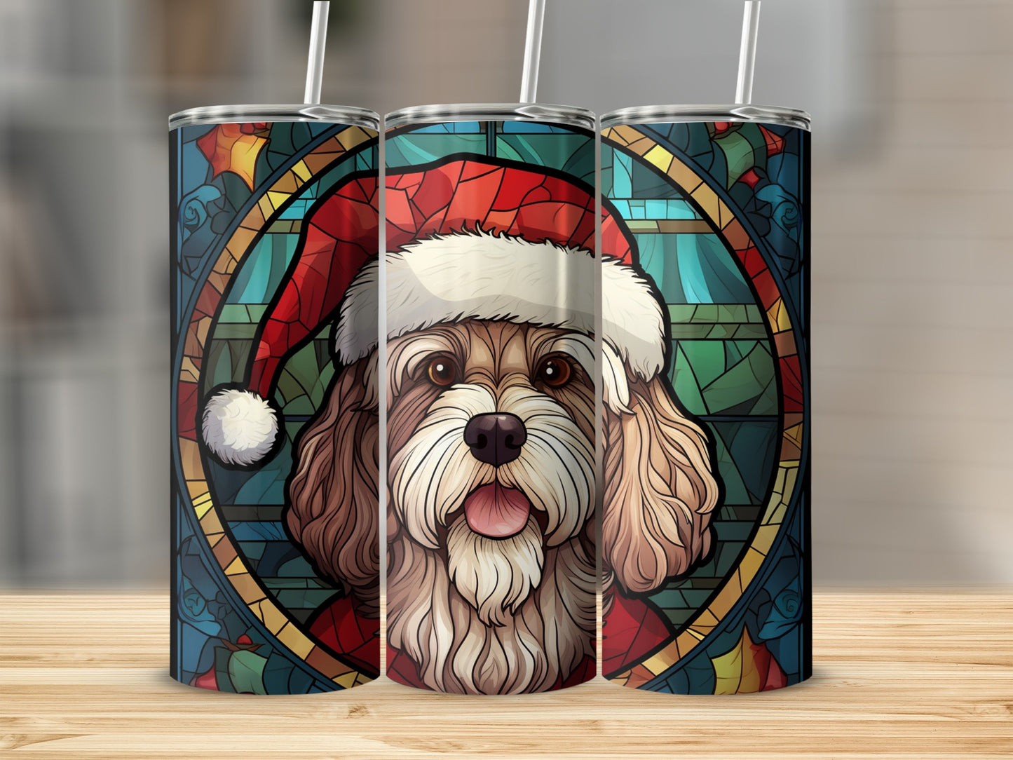 Stained glass dog in Santa hat on a cylindrical tumbler.