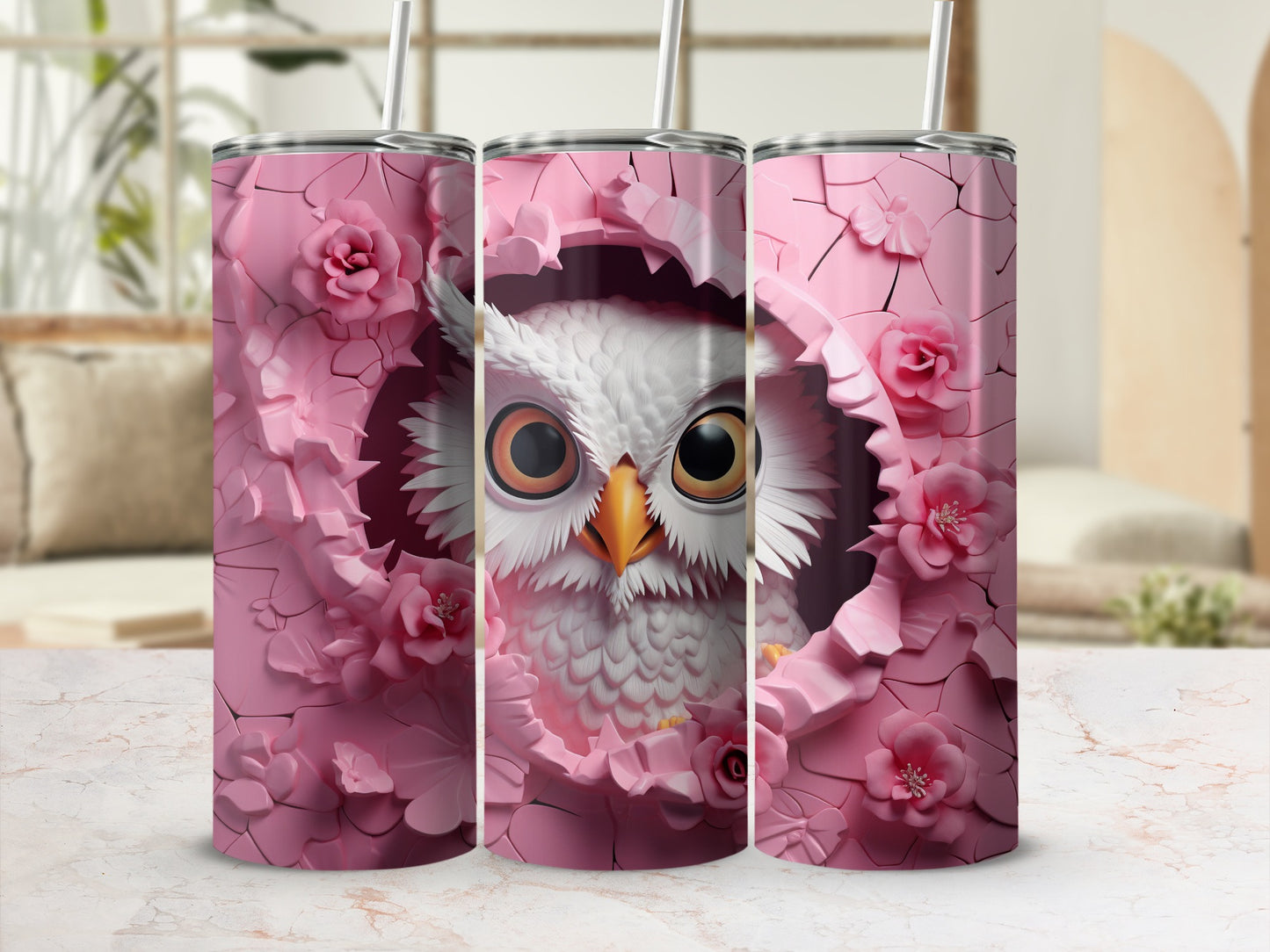 White Owl Pink Rose Petal Design Cute Character Tumbler product type