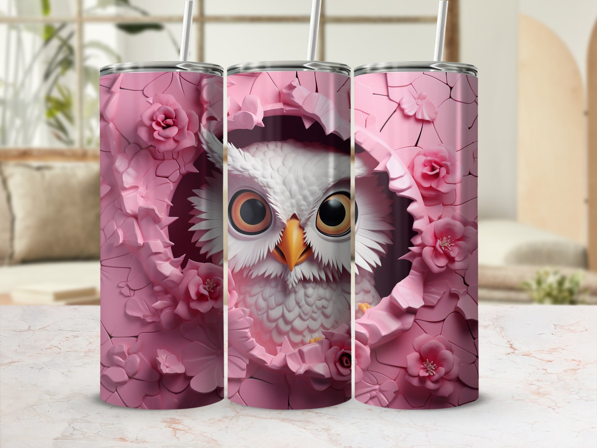White Owl Pink Rose Petal Design Cute Character Tumbler product type