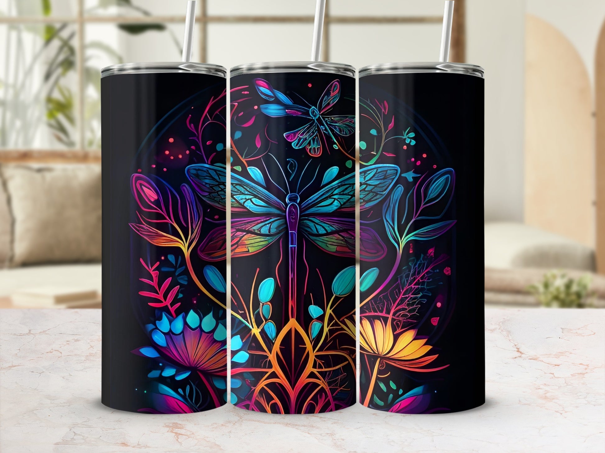 Colorful Dragonfly and Floral Design Tumbler Cup