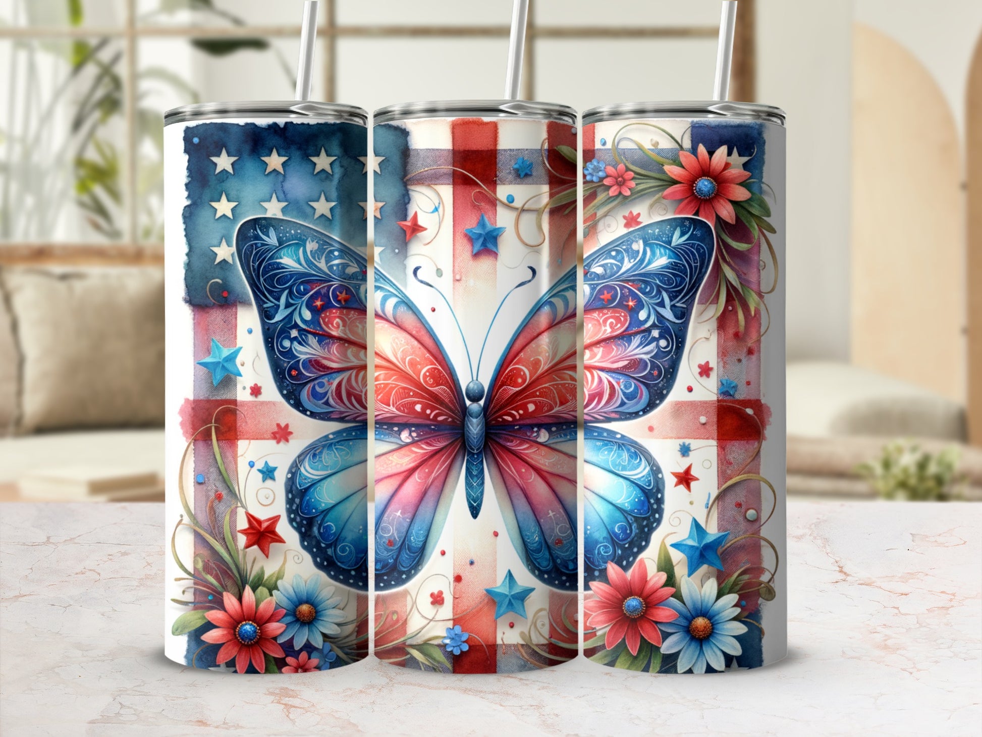 Red, white, and blue butterfly with patriotic stars and flowers on a tumbler.