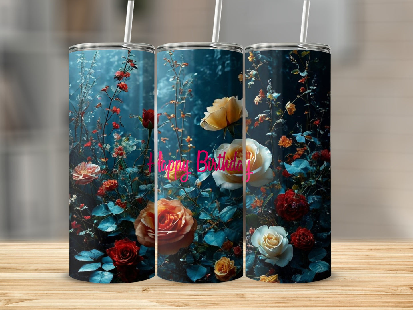 Three tumblers with floral and "Happy Birthday" text.