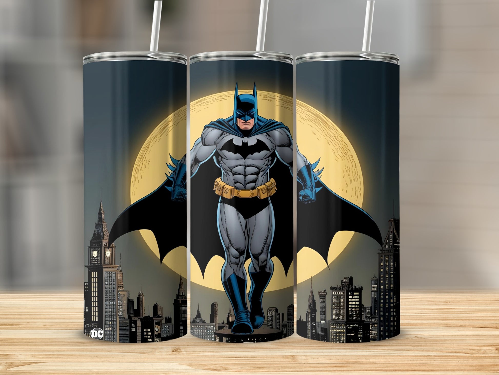 Batman standing in front of a full moon and city skyline.