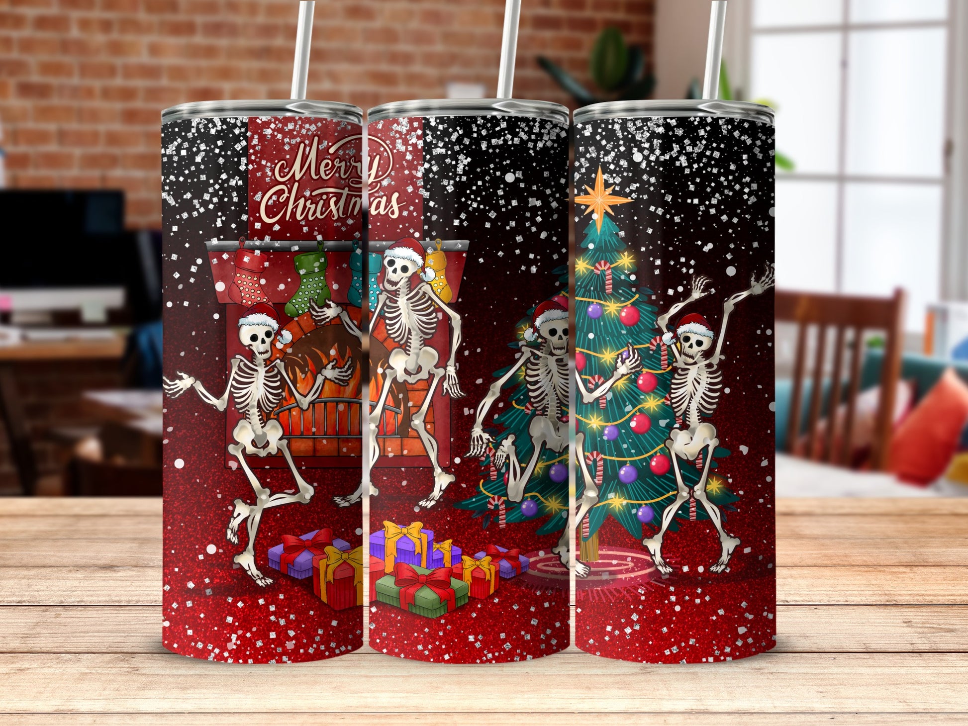 Three skinny skeletons in Santa hats celebrating a glittery Christmas by a fireplace.