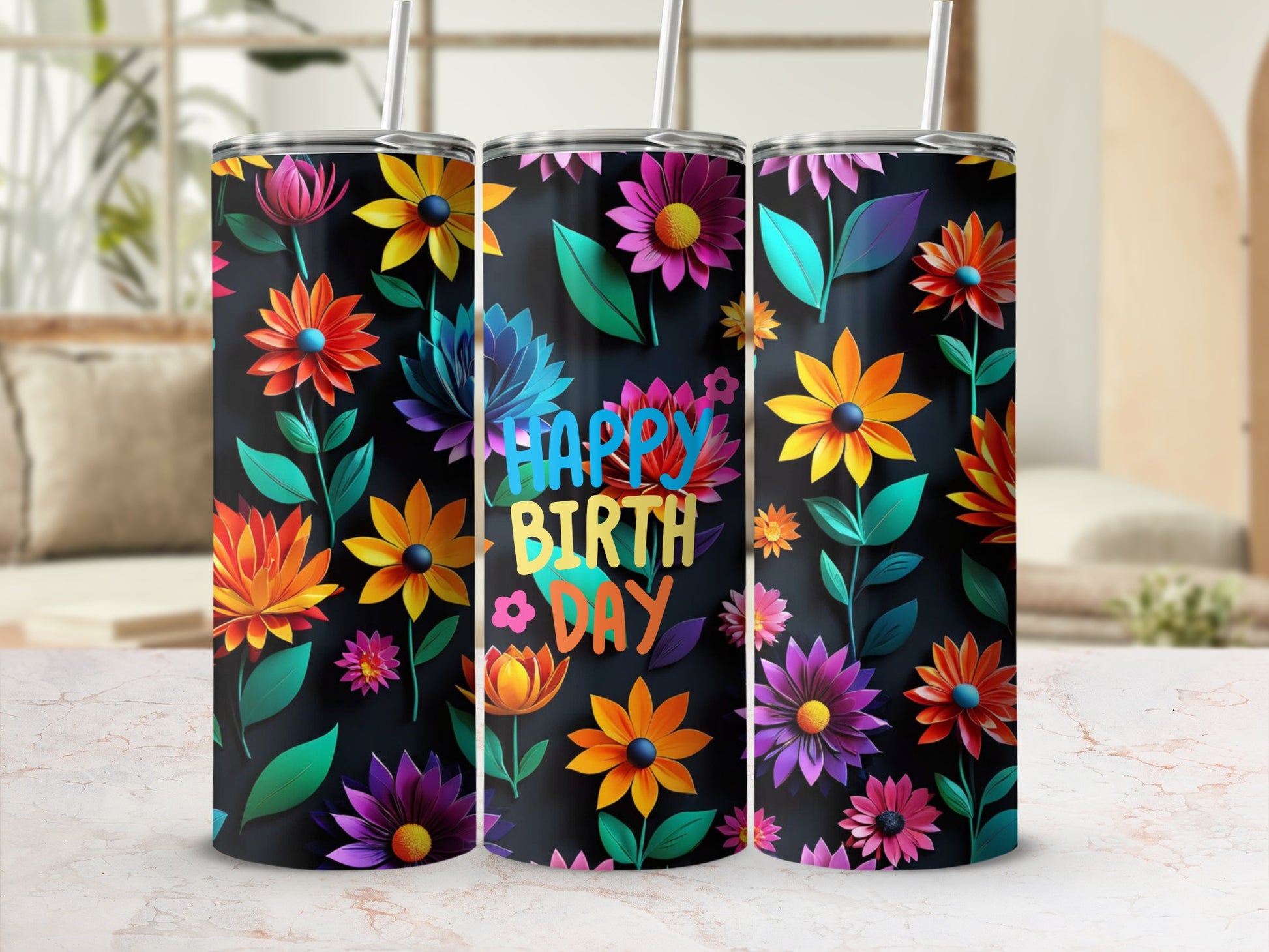 Black tumbler with colorful floral pattern and "Happy Birthday" text.