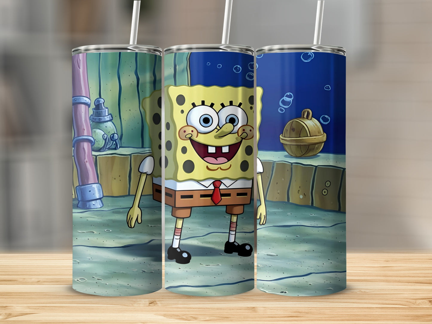 SpongeBob SquarePants standing in a cartoon underwater scene.