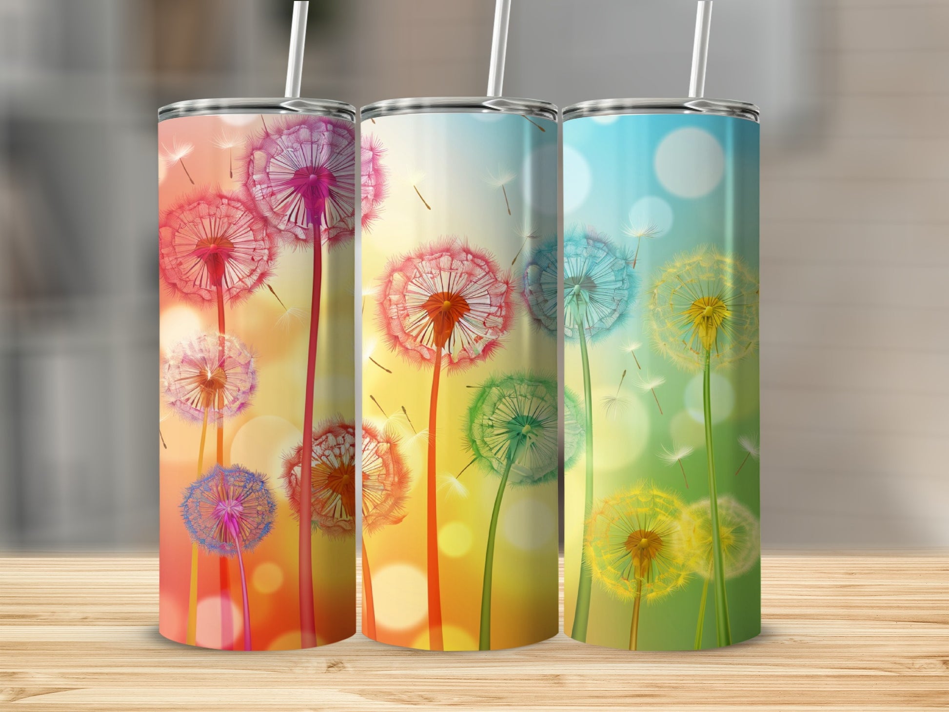 Three tumblers with dandelion designs in red, blue, and green gradients.