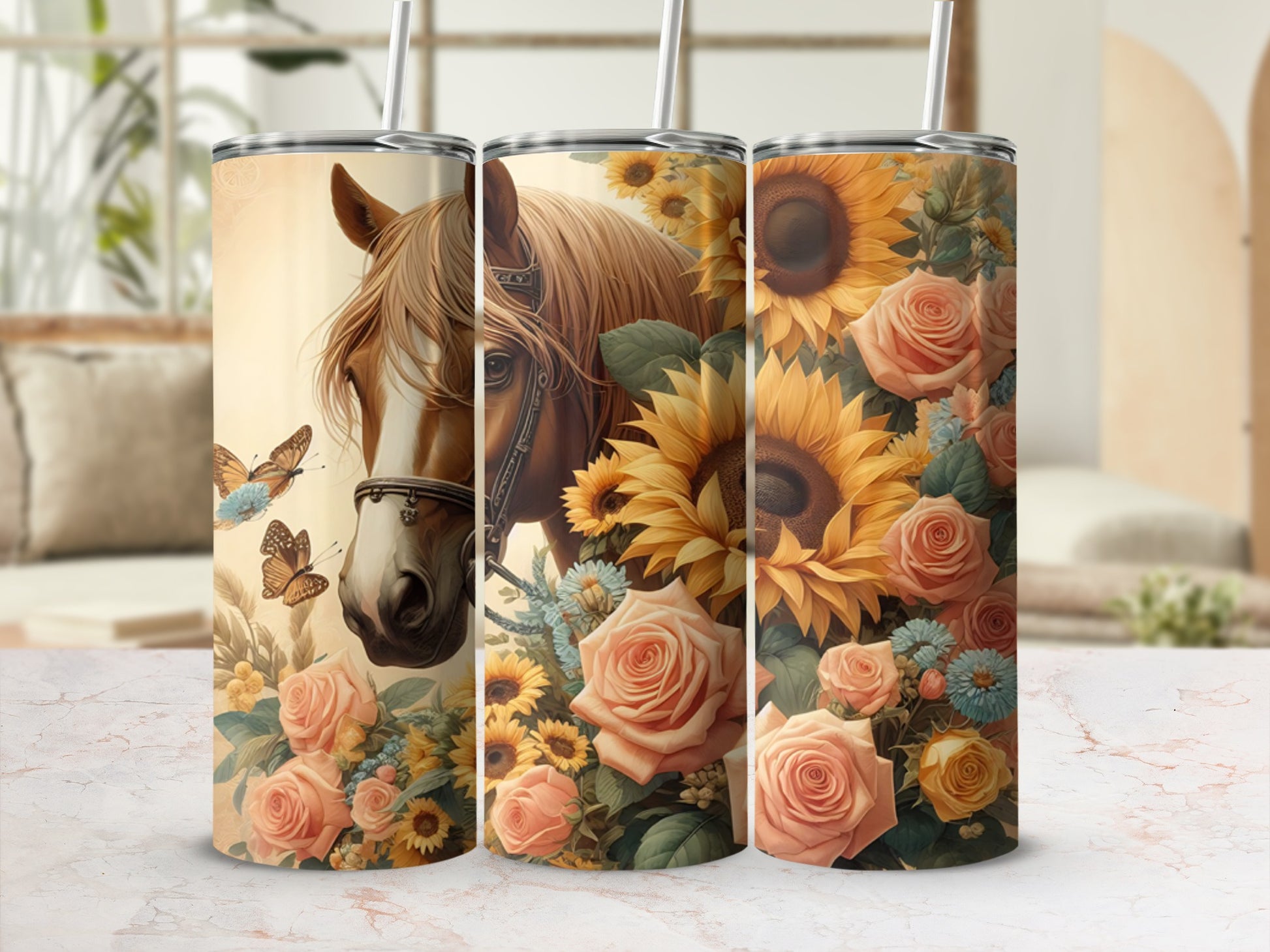 Horse, sunflowers, and roses adorn a tumbler with butterflies.