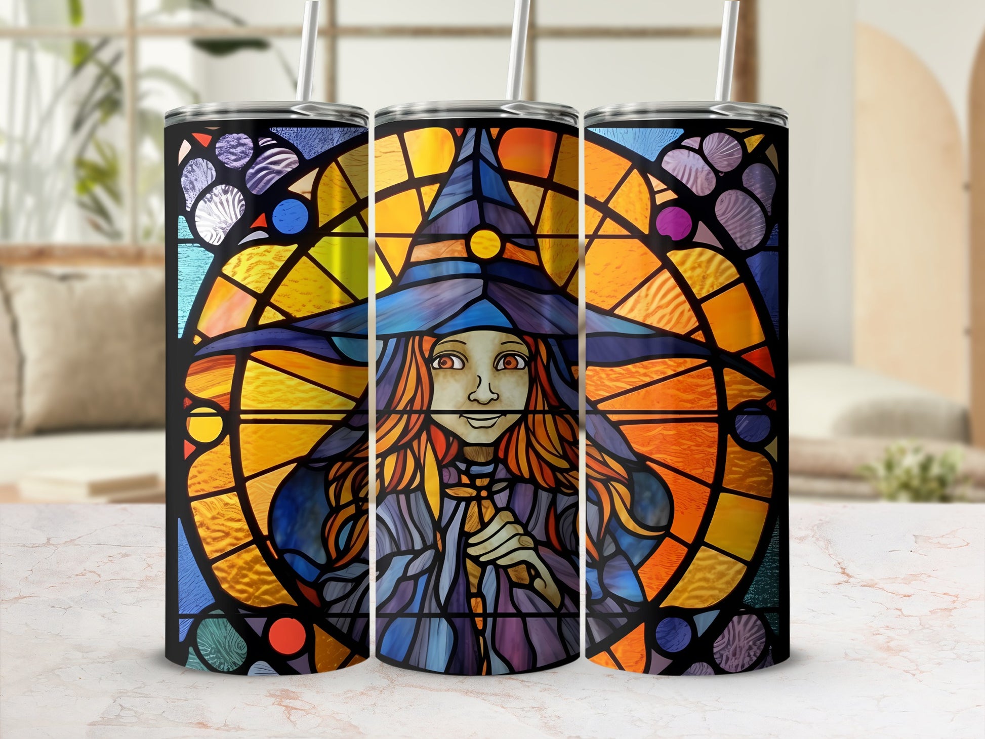 Witch in stained glass pattern on a tumbler with straw.