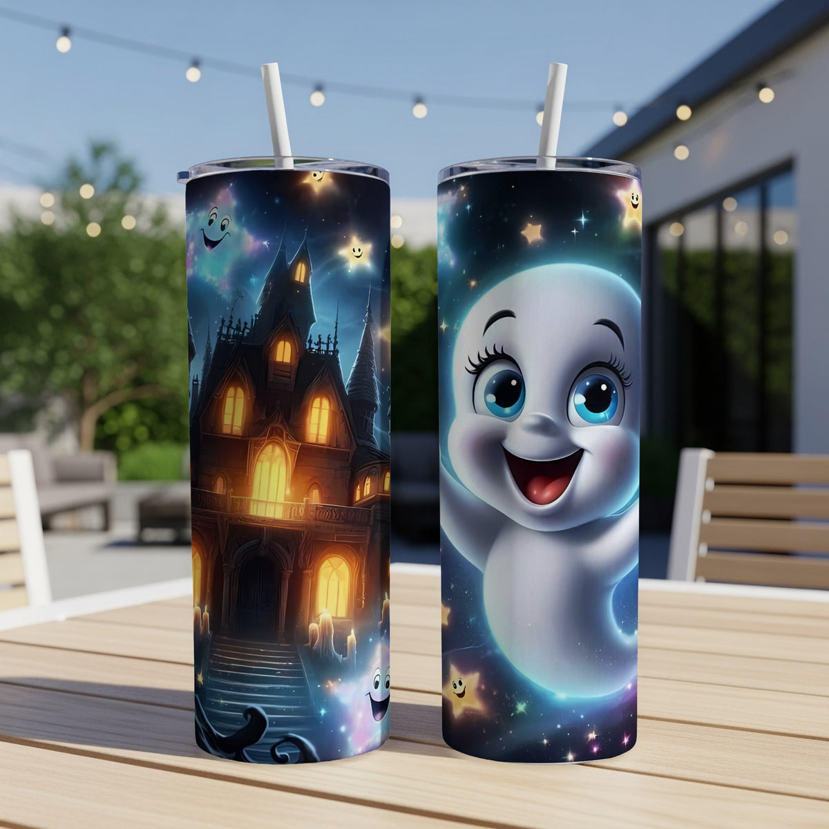 Two tumblers with Halloween designs, one with a haunted house and the other with Casper the Friendly Ghost.