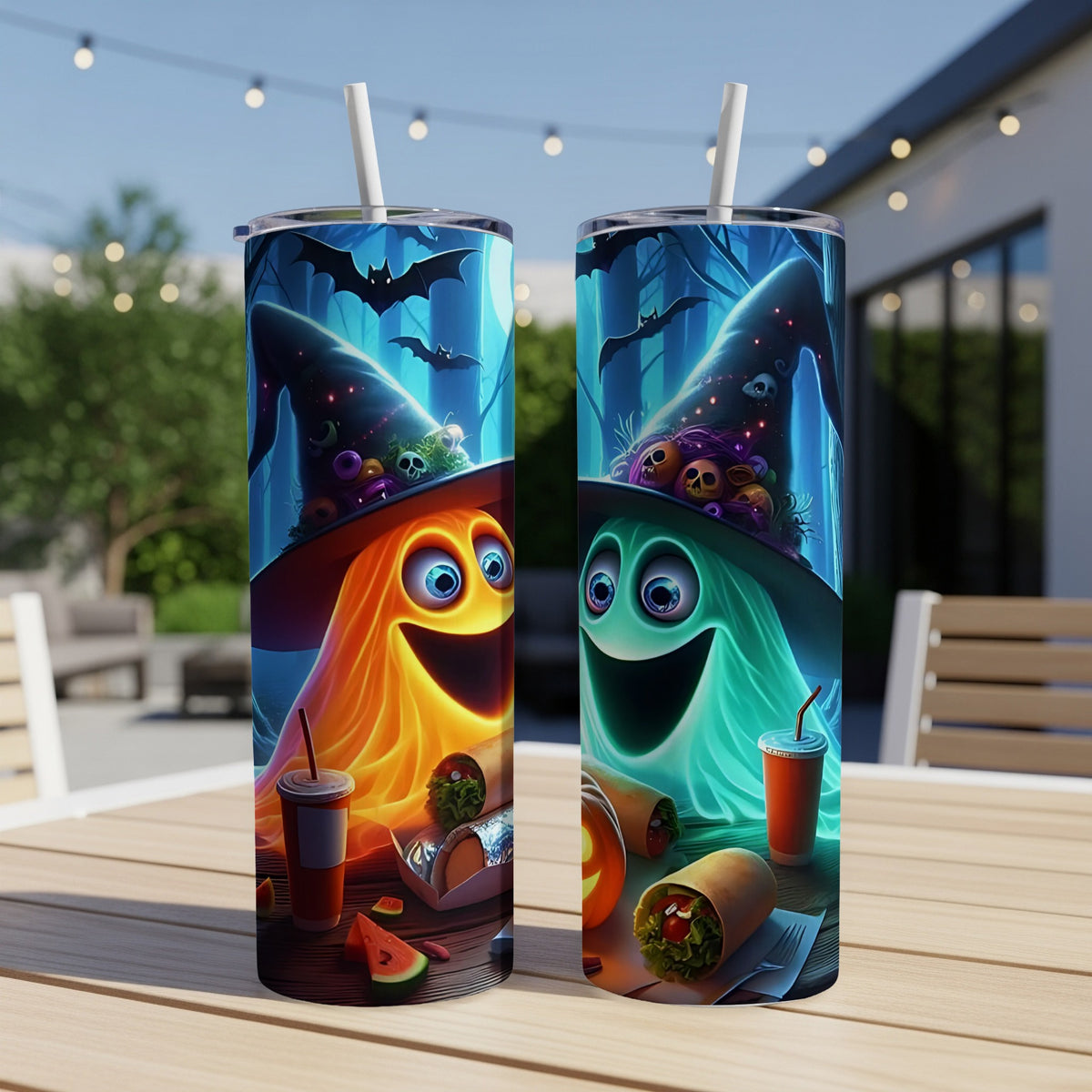 Two tumblers with cartoon ghosts wearing witch hats and Halloween designs.