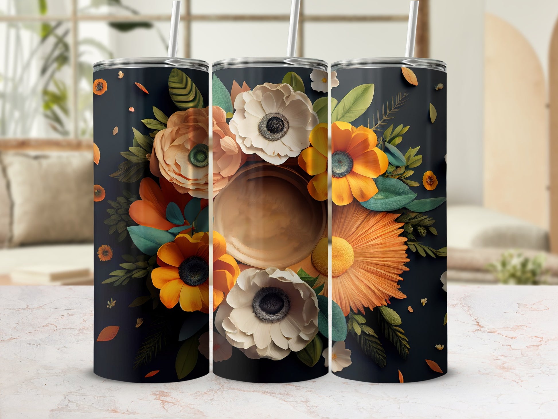 Elegant Dark Floral Design Tumbler with Straw