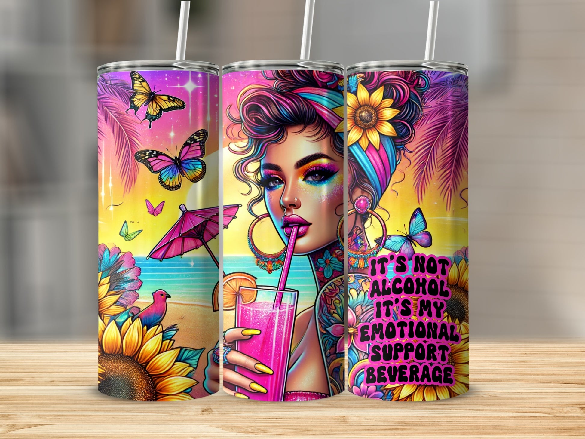 Woman Emotional Support Beverage Beach Scene Colorful product type
emotional support beverage
beach scene
colorful design
vibrant art
sunflower print
butterfly motif
summer vibes
vacation theme
tropical tumbler
drinkware
pink beverage
graphic illustration
trendy drink
women fashion
beach day
palm trees
umbrella decor
fun beverage
artistic design
happy drink