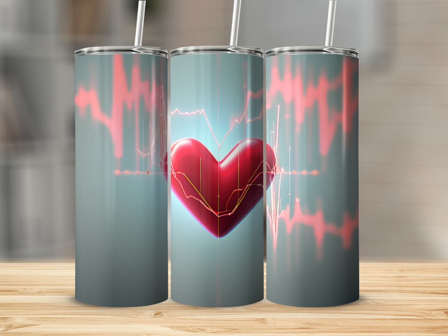 Tumbler with heart and cardiogram graphic.