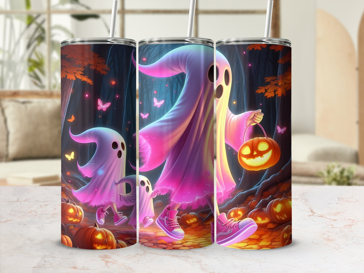 Three tumblers with a Halloween design of glowing ghosts and pumpkins in a forest.