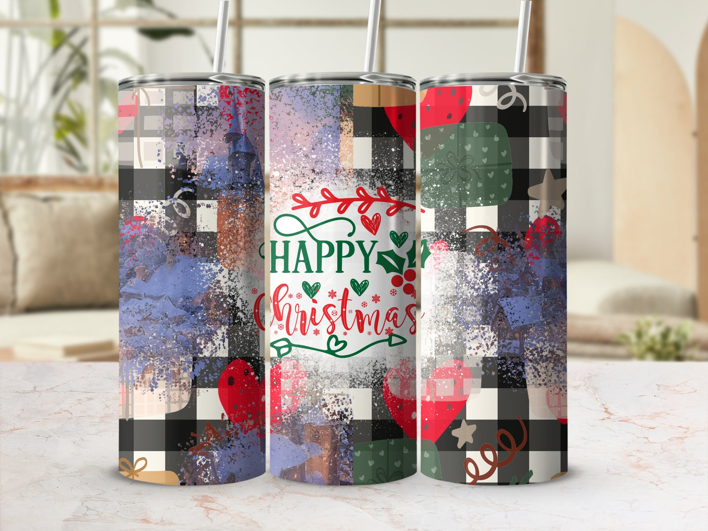 Christmas tumbler with plaid and abstract paint design.