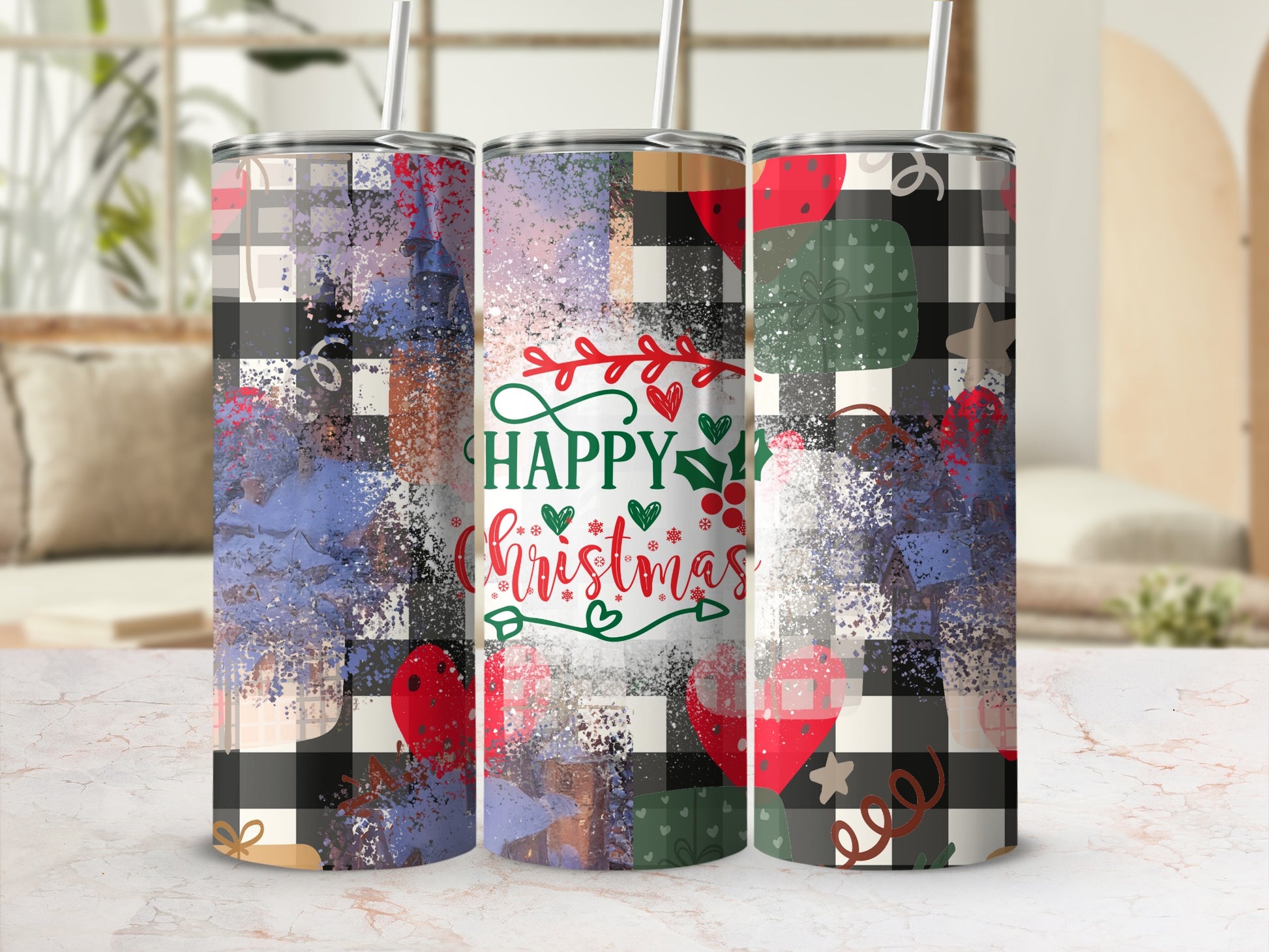 Christmas tumbler with plaid and abstract paint design.