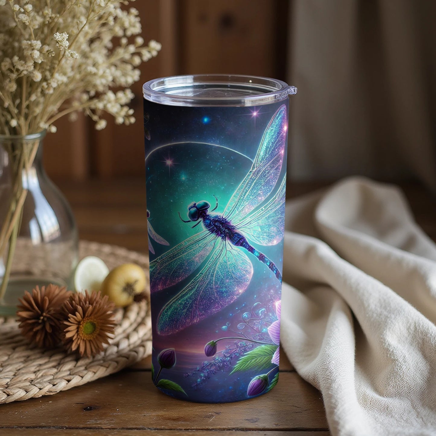 Beautiful Dragonfly Cosmos Design Tumbler with Lid