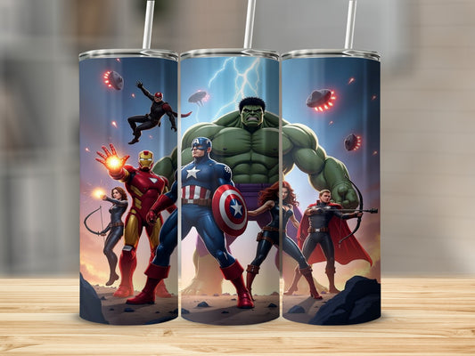 Stunning Superhero Gathering Design Tumbler Cup