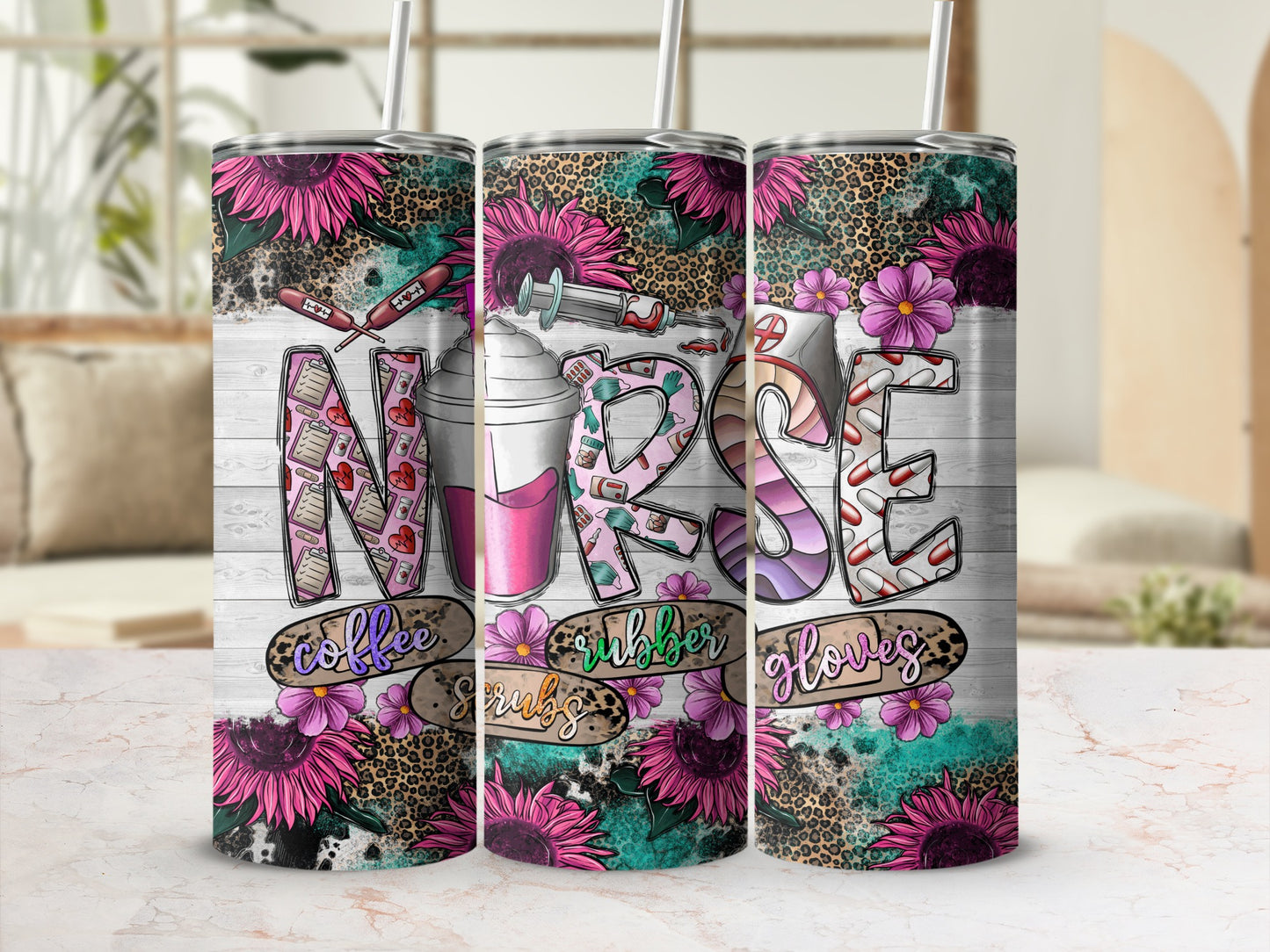Nurse tumbler with stethoscope, syringe, coffee, and leopard print designs.