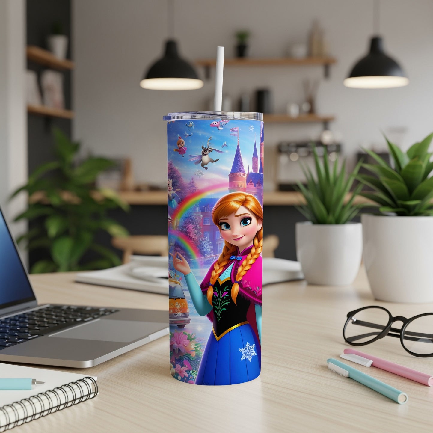 Frozen Anna character tumbler with straw, rainbow, and floral designs.