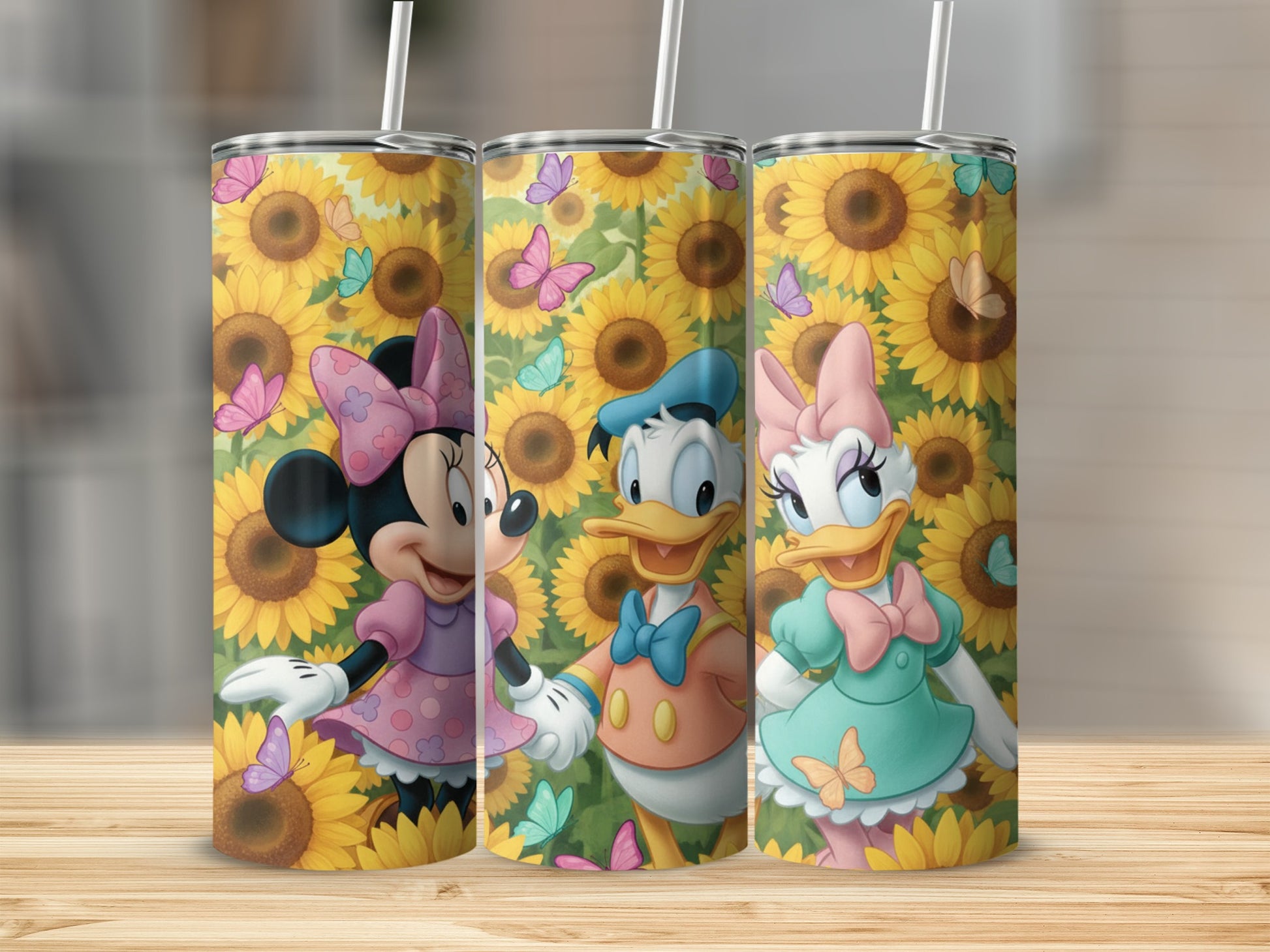 Cute Disney Characters with Sunflowers Design Tumbler