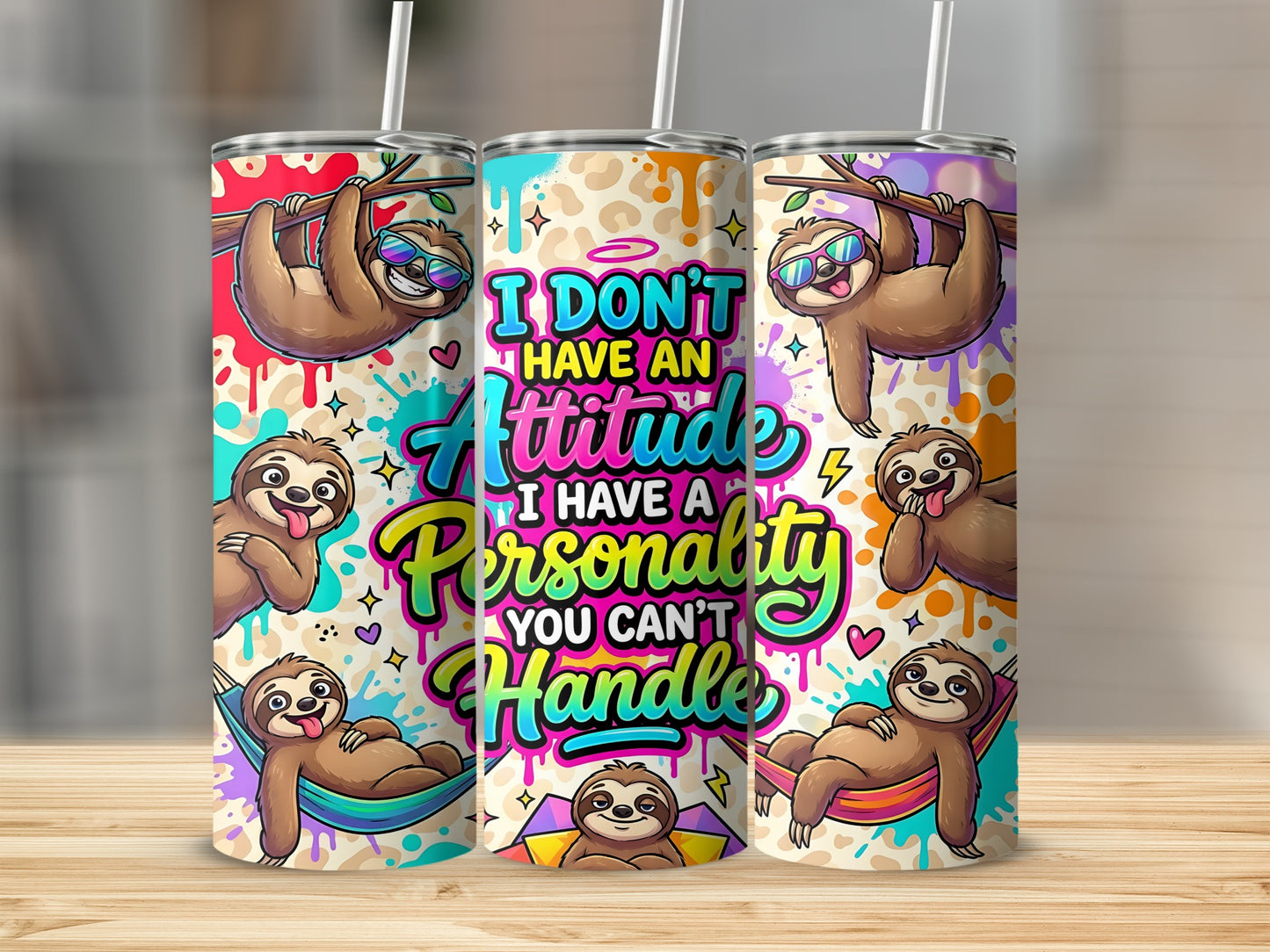 Three tumblers with sloths, rainbows, and text "I don't have an attitude I have a personality you can't handle".