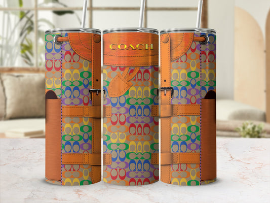 Three tumblers with rainbow Coach pattern and brown straps, one says COACH.