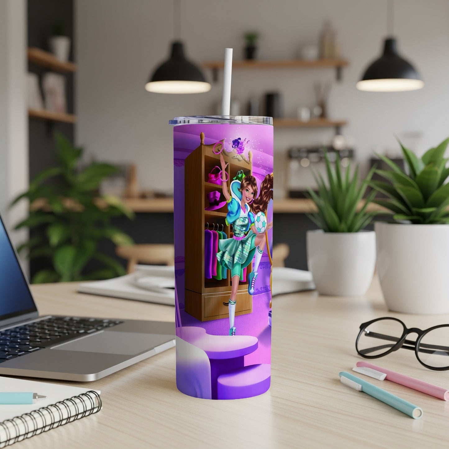 Purple tumbler with cartoon girl in athletic outfit on shelf.