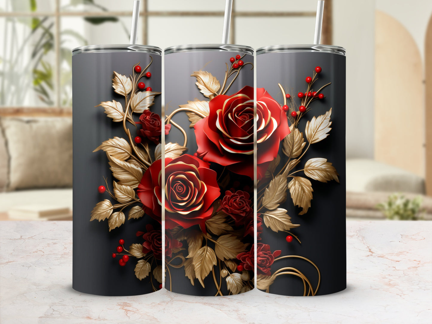 Three dark tumblers with intricate red rose and gold leaf designs.