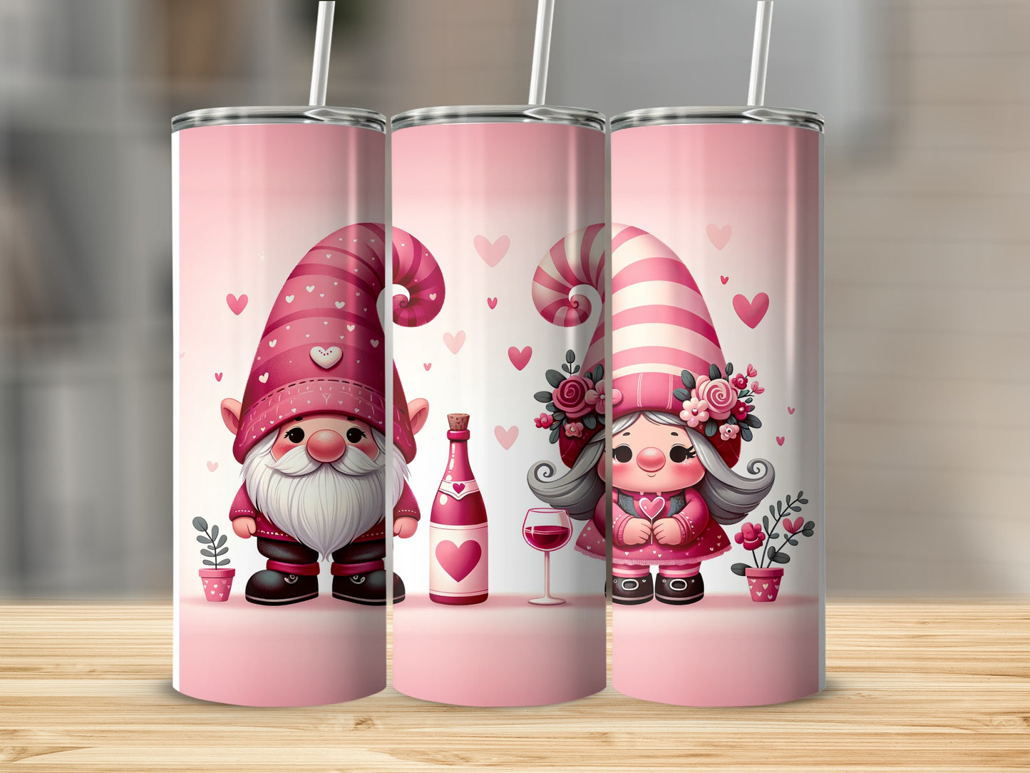 Three pink tumblers with gnomes, hearts, and wine bottles.
