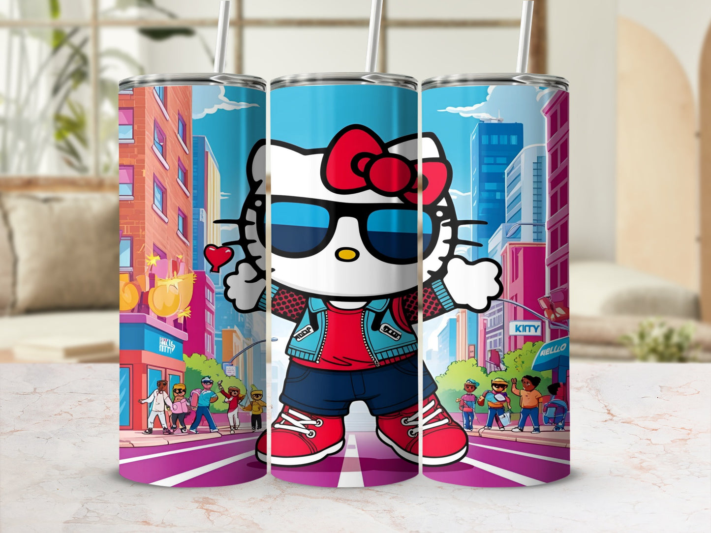 Hello Kitty in sunglasses and red sneakers in a cartoon city setting.