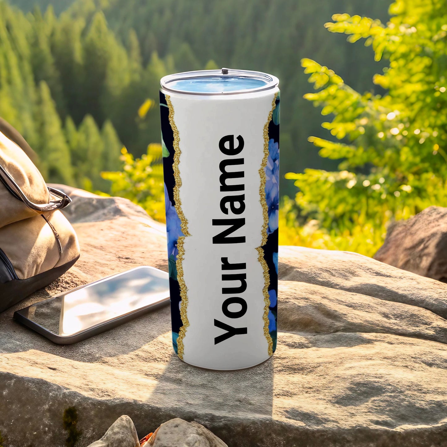 Personalized Blue Floral Design Tumbler with Custom Name