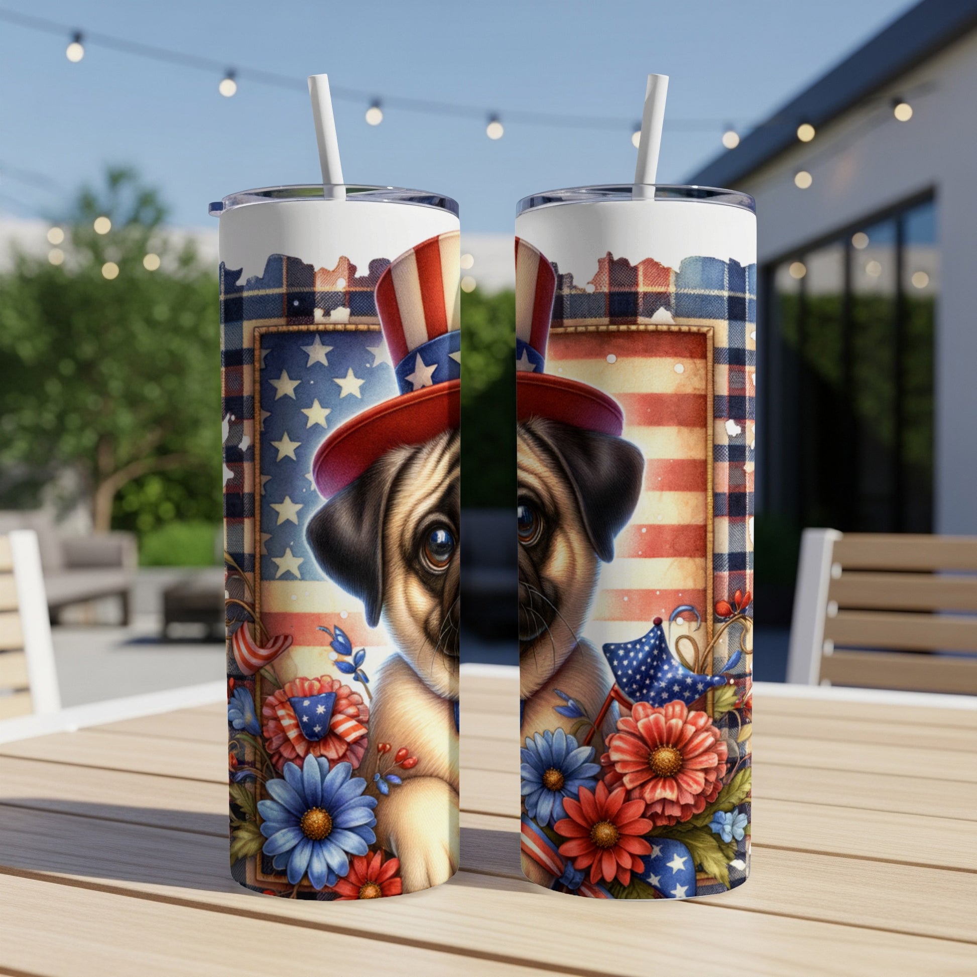 Pug wearing a patriotic hat among red, white, and blue flowers.