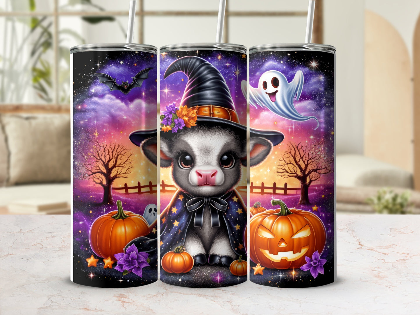 Cute cow in witch hat, pumpkins, and Halloween decorations.