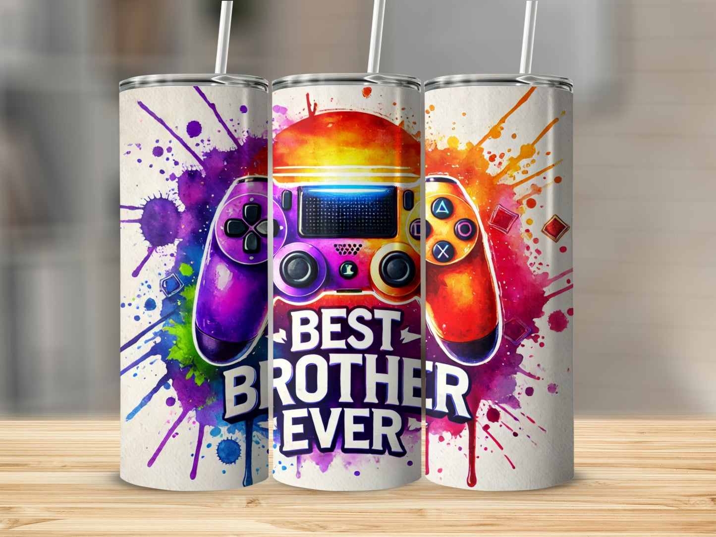 Two tumblers with colorful controller design and "Best Brother Ever" text.