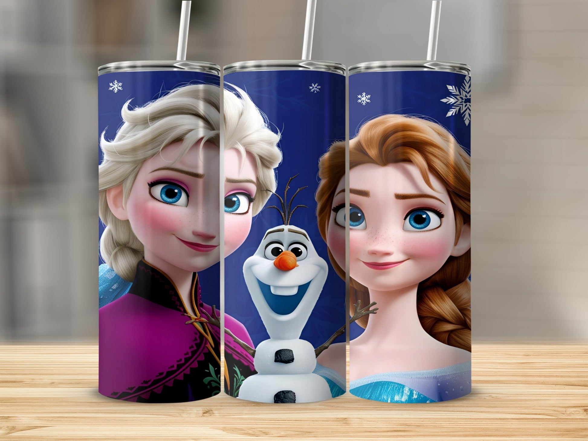 Elsa, Olaf, and Anna from Frozen on a tumbler with snowflakes.