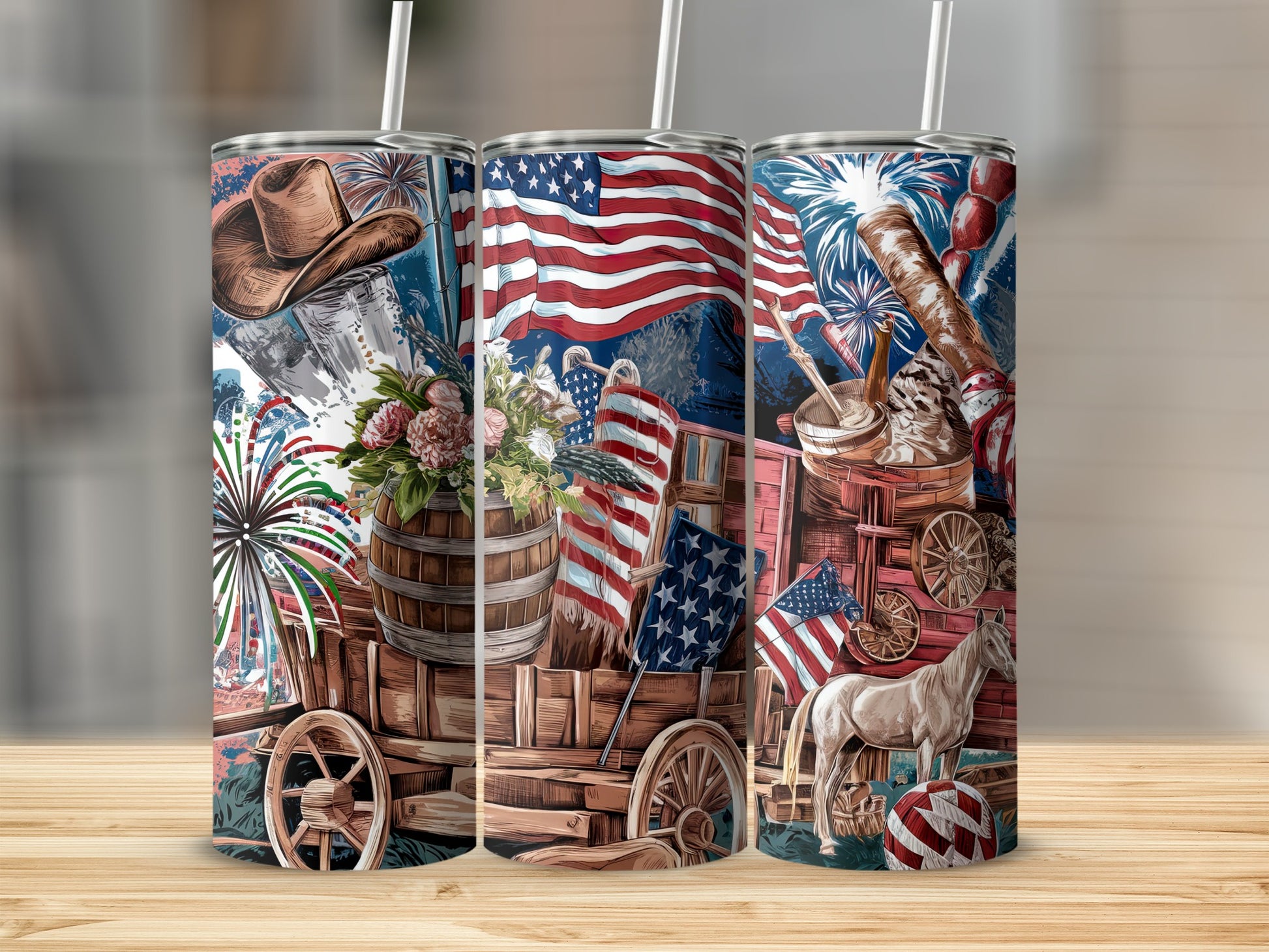 Patriotic tumbler with fireworks, American flags, wagon, and cowboy hat.