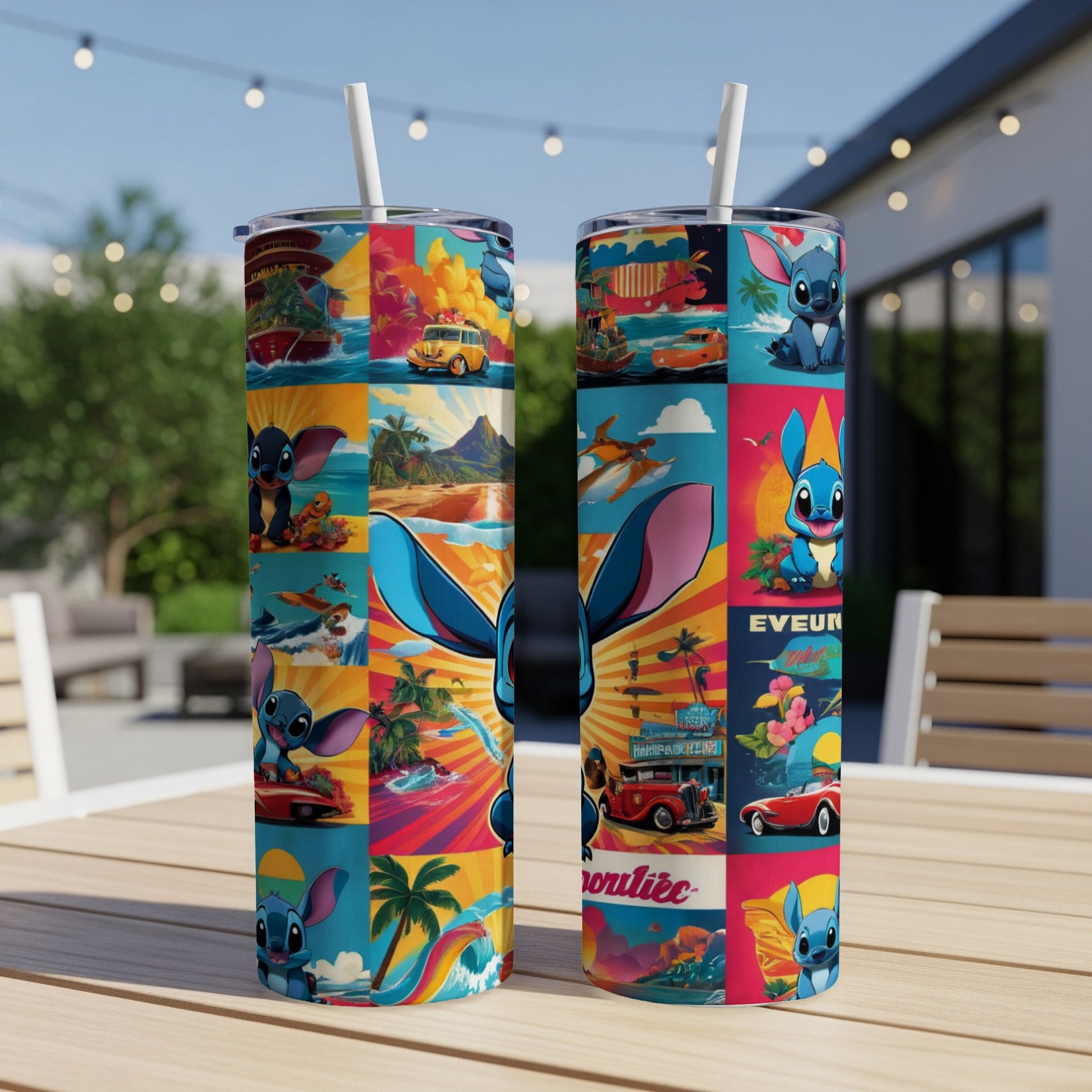 Two travel-themed tumblers with Stitch on a colorful collage background.