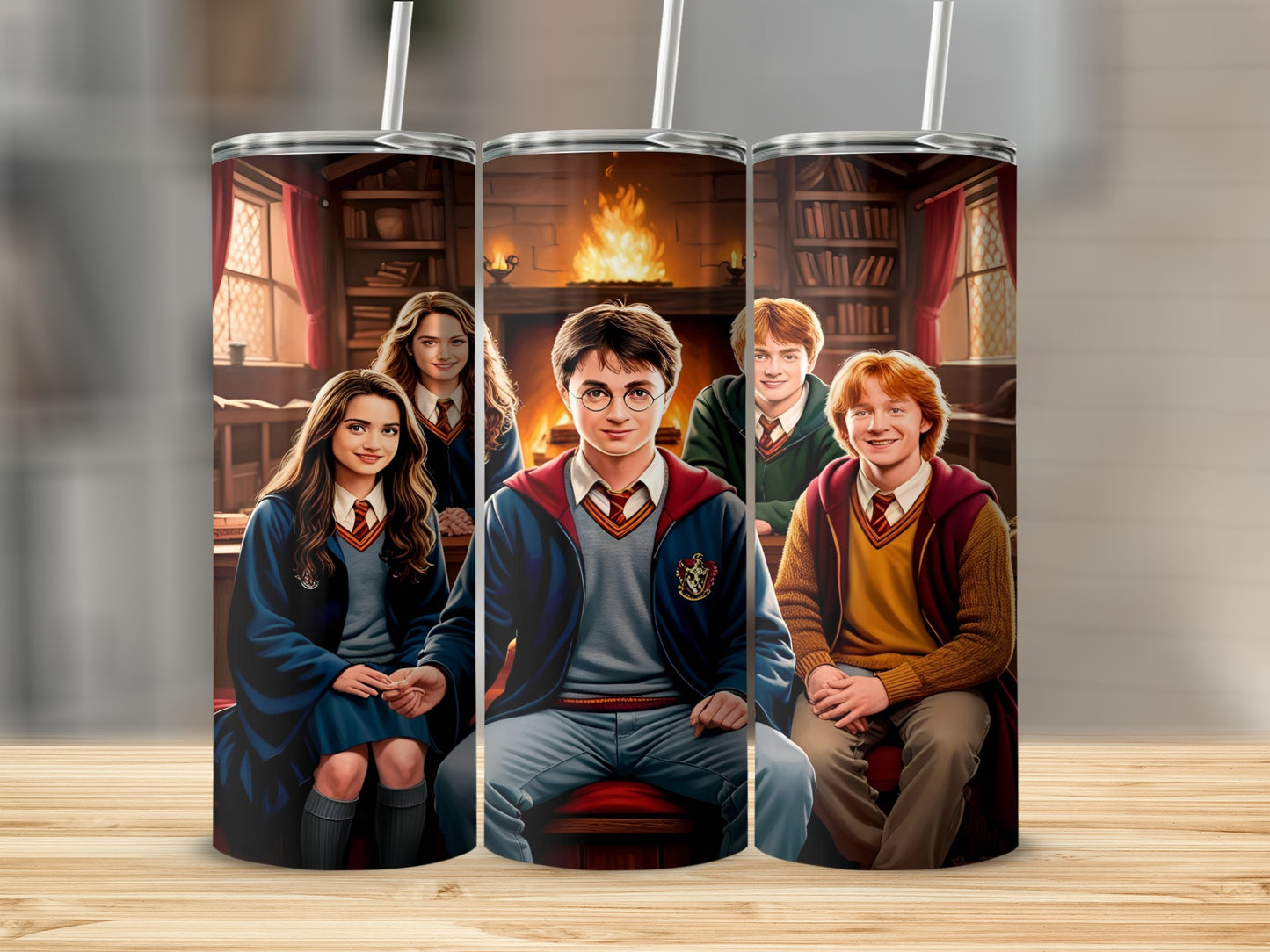 Harry Potter characters in Gryffindor robes posing in a library setting.