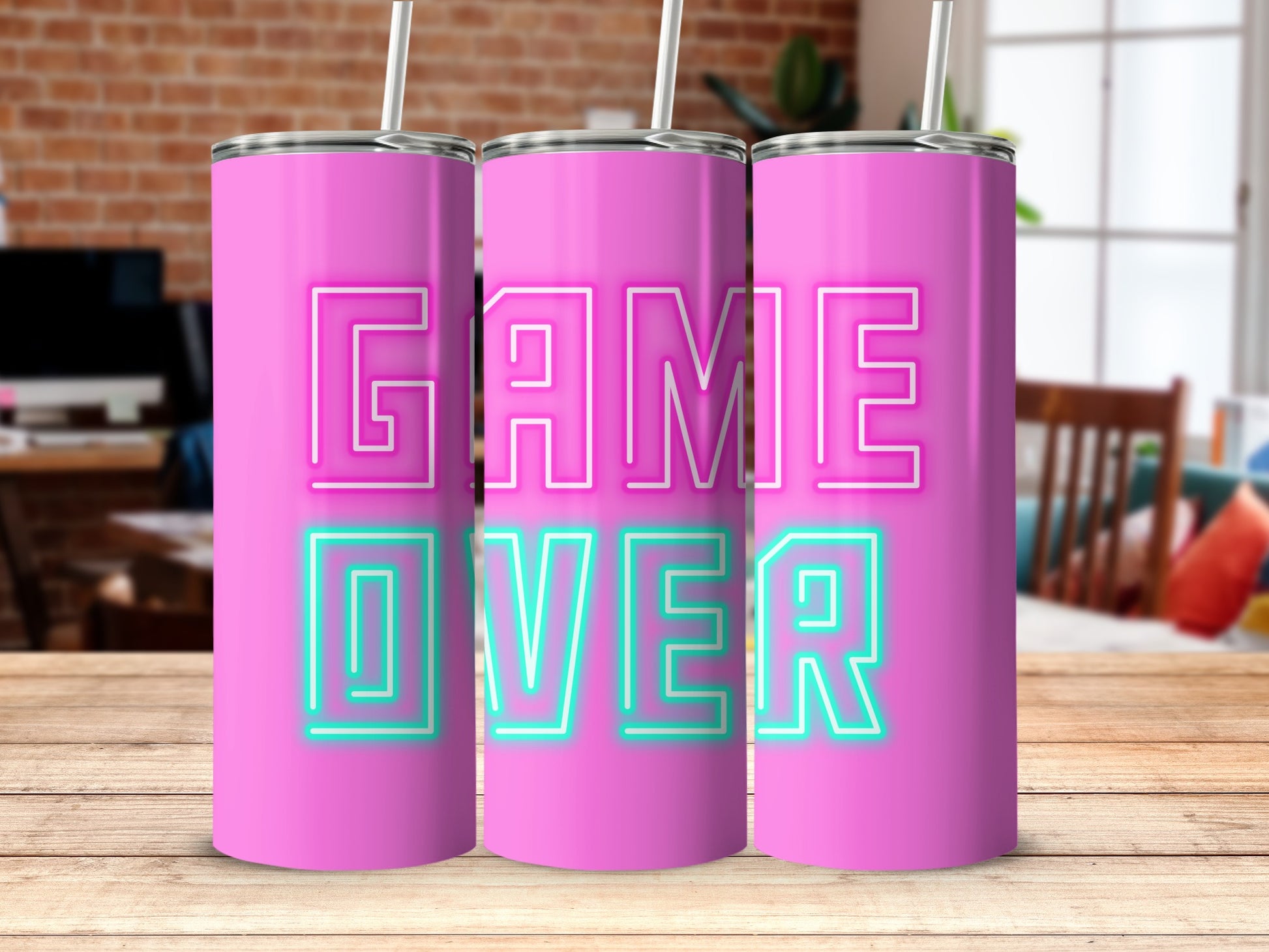 GAME OVER Neon Pink and Blue Tumbler