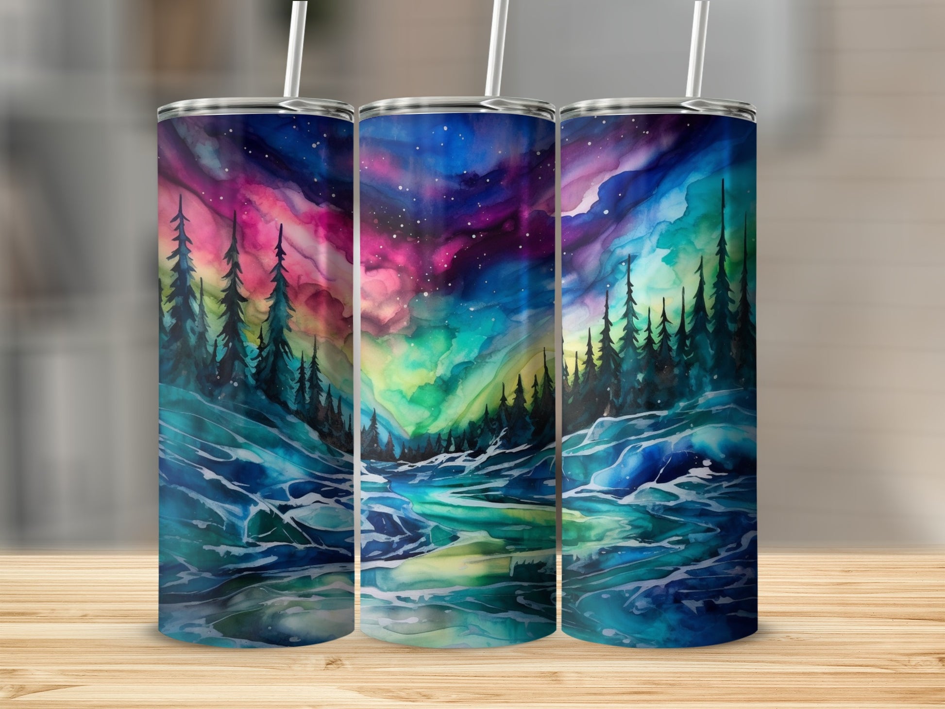 Colorful Northern Lights Forest Scene Tumbler