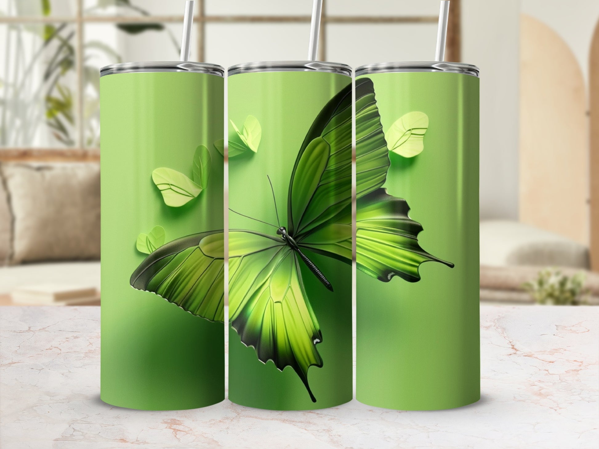 Green butterfly tumbler with straw on display.