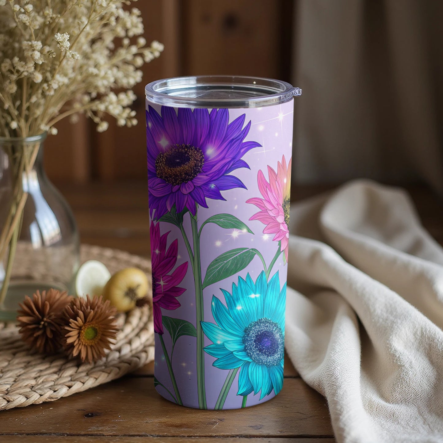 Colorful Floral Design Glitter Insulated Tumbler Cup