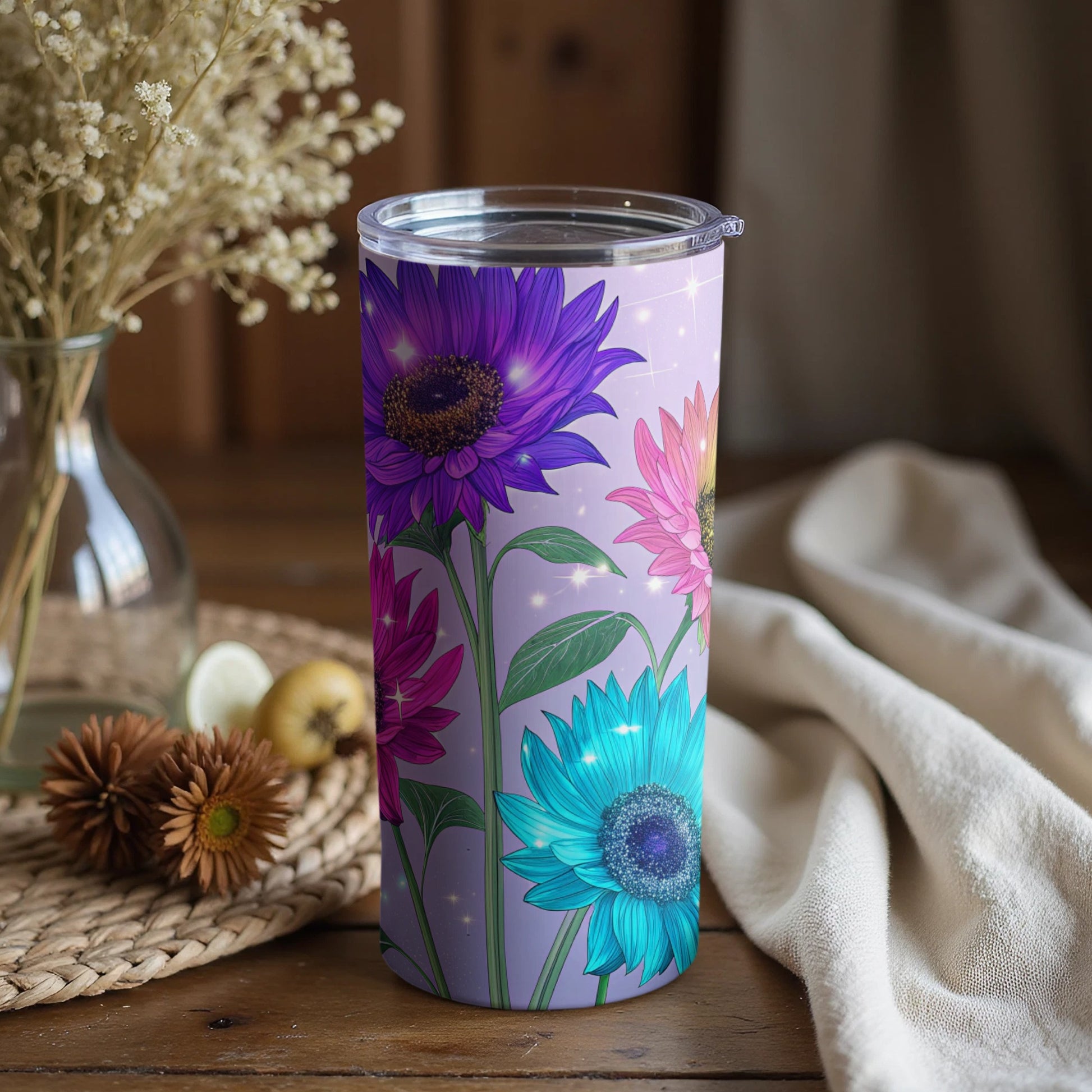 Colorful Floral Design Glitter Insulated Tumbler Cup