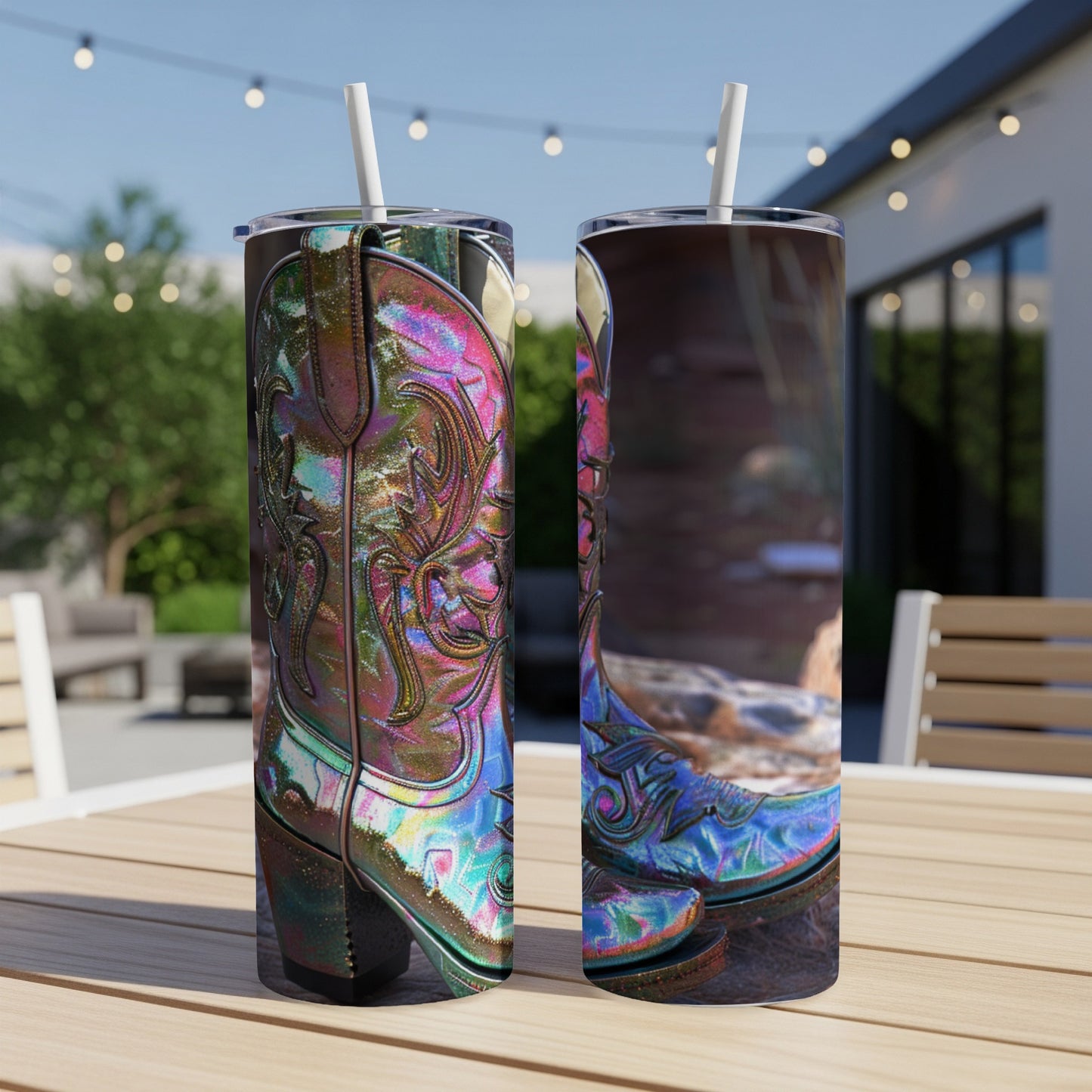 Two iridescent cowboy boots with floral tooling on a wooden table.