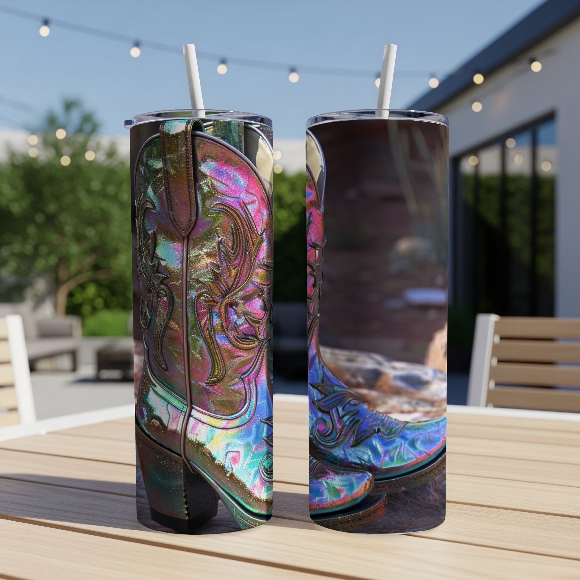 Two iridescent cowboy boots with floral tooling on a wooden table.
