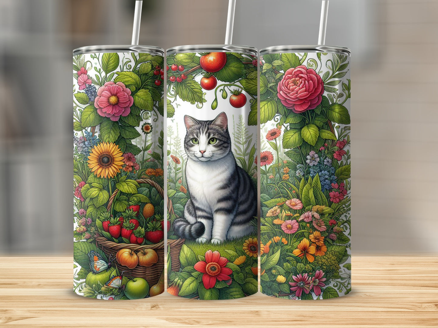 Tabby cat sitting in a floral garden with strawberries, apples, and butterflies.