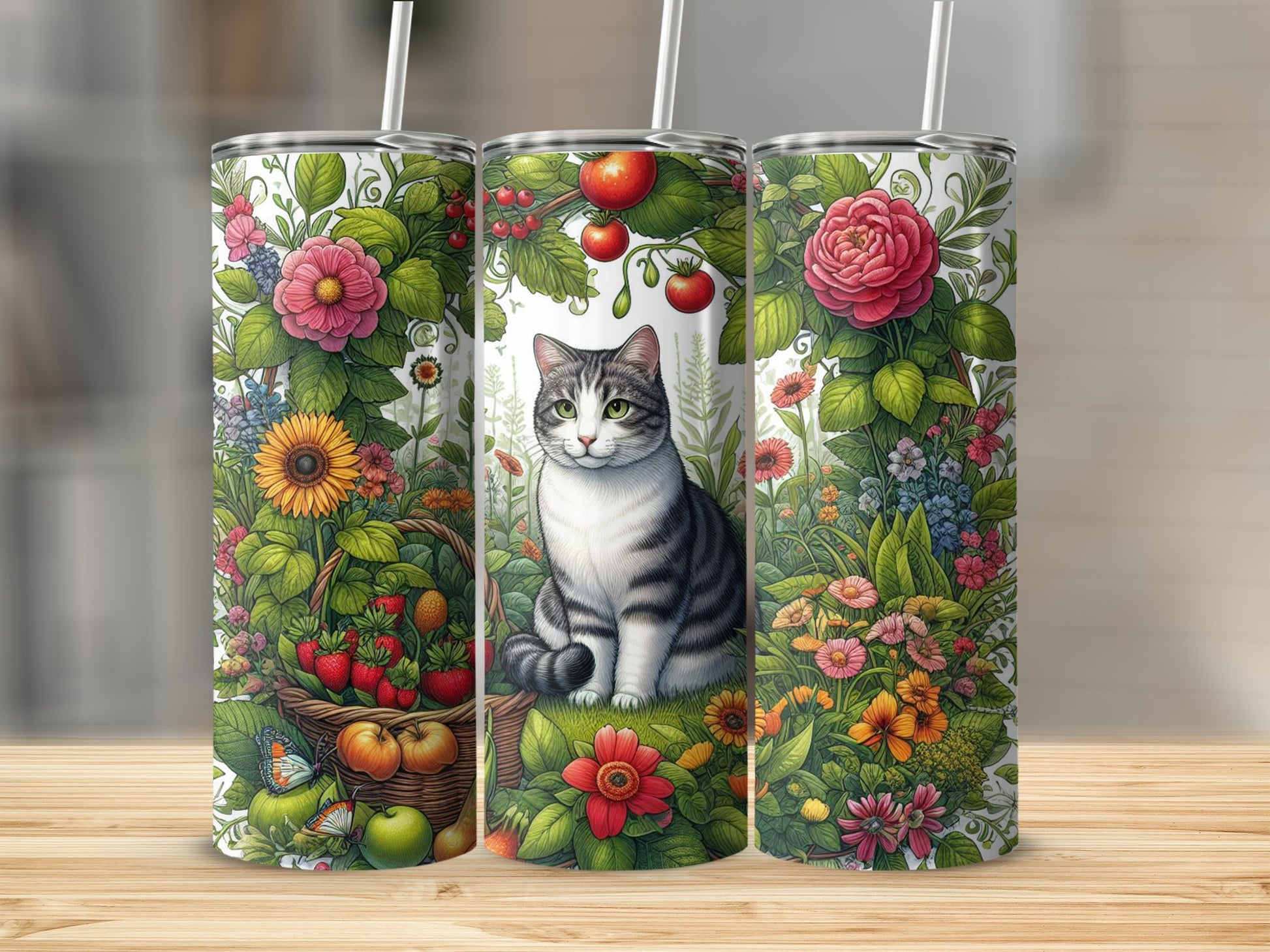 Tabby cat sitting in a floral garden with strawberries, apples, and butterflies.