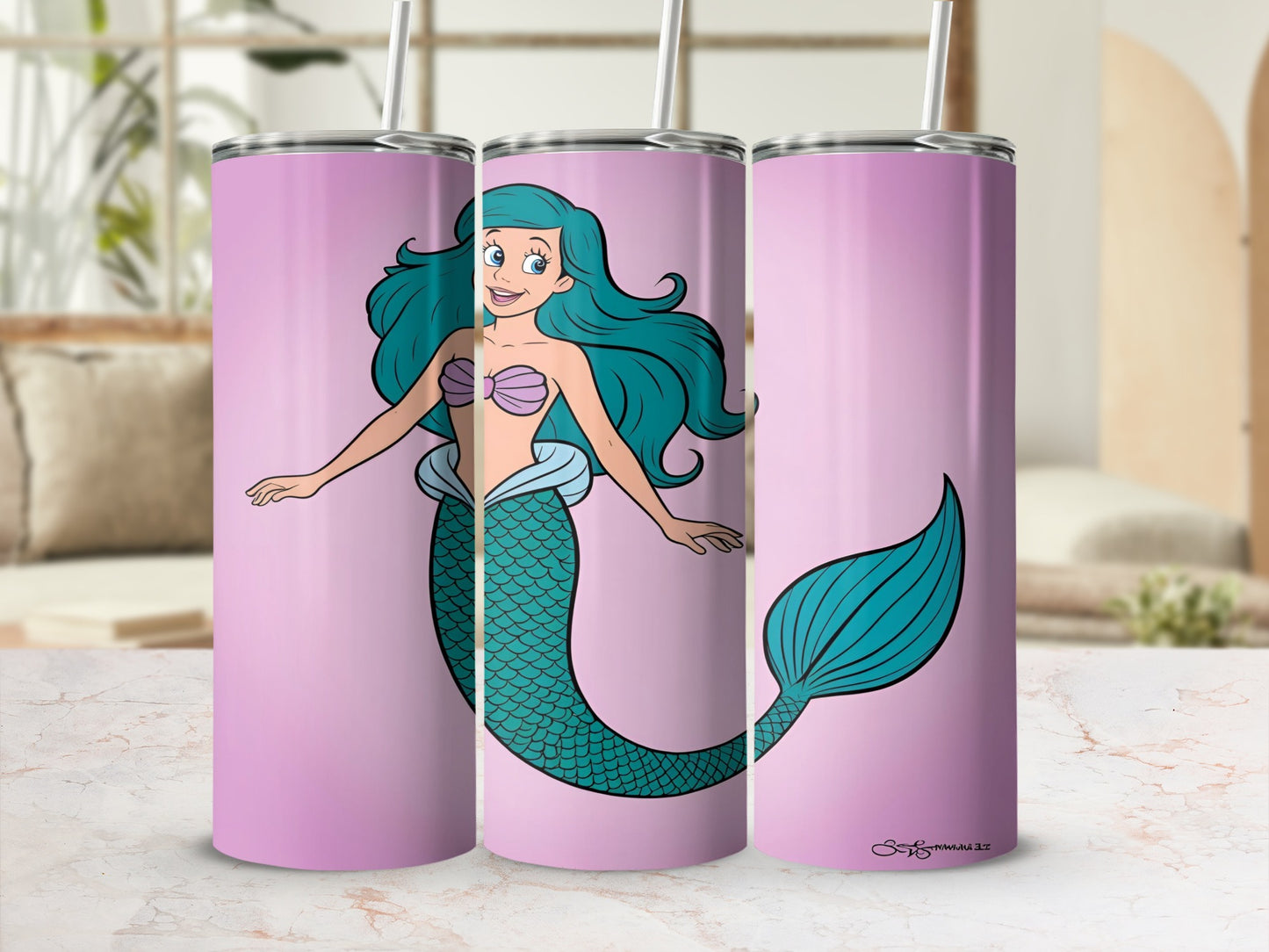 Cartoon mermaid with blue hair and teal tail on a pink background.